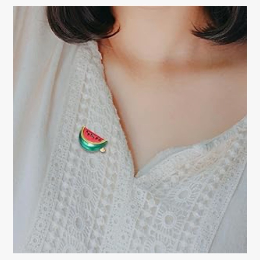 Watermelon Brooch Pin with Fashion Gemstones, Pink, Green, Black - Picture 15 of 17